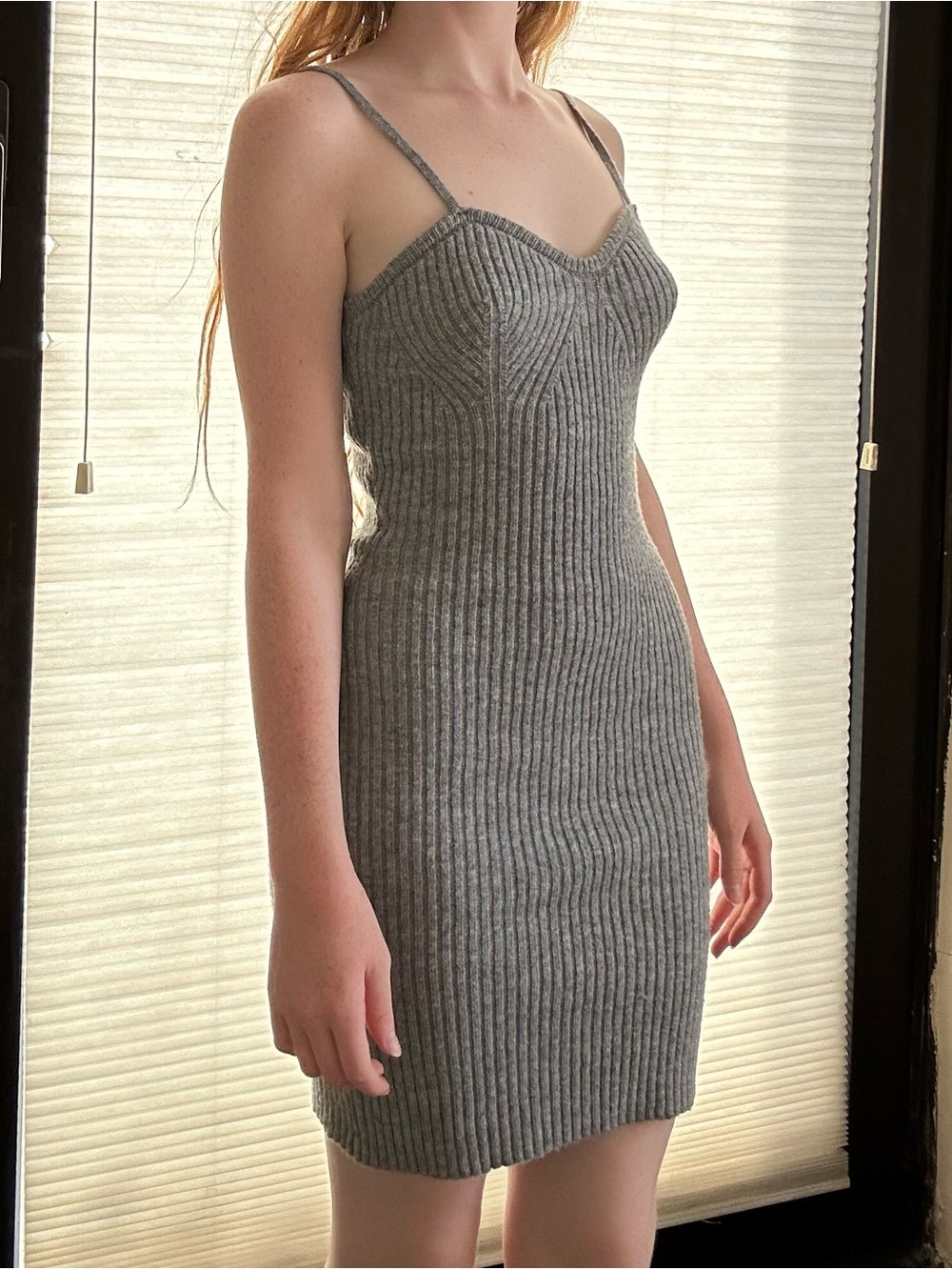 Zara Gray Ribbed Spaghetti Strap Mini Dress